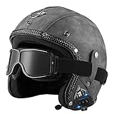 Bluetooth Jethelm mit Visier Retro Pilotenhelm Qualität nach ECE-Norm Roller-Helm für Frauen und Herren im Vintage-Look, Motorrad-Helm mit Schutzbrille N,XL