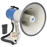Vonyx MEG065 Akku Megafon mit Sirene und Mikrofon, Aufnahmefunktion, 65 Watt, bis 1 KM, MP3, USB, SD, AUX, Megaphon mit Umhänge-Gurt, blau-weiß