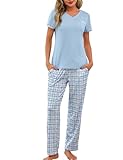 Jahetuul Pyjama Damen Baumwolle V-Ausschnitt Schlafanzüge Sommer Zweiteiler Pyjamahose lang Hausanzug kurzärmeliges Oberteil Lange Hose Karomuster