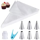 HAKACC 100 Stück Spritzbeutel Einweg, Mit 6 Edelstahl Spritztüllen, 1 Kupplung & 1 Klammer, Ideal für Kuchendekoration, Backen & Party-Deko