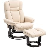 HOMCOM Relaxsessel mit Hocker, 360°drehbarer Fernsehsessel mit Liegefunktion, TV-Sessel mit Taschenfeder für Wohnzimmer, Kunstleder, Cremeweiß