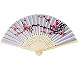 Yukiyi Handfächer für Damen, faltbar, Bambus-Fächer mit Quaste, Seidenstoff, Wanddekoration, Hochzeit, Party (Weiße Blume)
