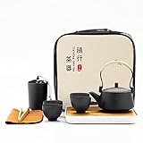 fanquare Japanisches Tragbare Reise Tee Set mit Reisetasche, Schwarz Porzellan Tee Service mit Teekanne, Mini Chinesisch Tee Set für Erwachsene, Geschenke Männer