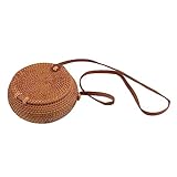 Phefop Handgewebte Runde Rattan-Tasche, Stilvolle Strand-Umhängetasche mit Lederriemen für Damen, Umweltfreundlich, 20 Cm Durchmesser (Naturfarbenes Oval mit Futter)