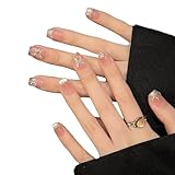 YsRoad Nägel zum Aufkleben– Press On Nails, French Künstliche Nägel 3D, Lange Stiletto-Kunstnägel, Quadrat-, Sarg- und French-Tip-Designs mit Goldenen Blumen-Strasssteinen,Größe M