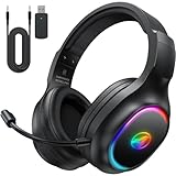 Awinnasey Wireless Gaming Headset für PS4, PS5, PC, Mac, Switch, 2,4 GHz Gaming Kopfhörer mit Geräuschunterdrückung und RGB Licht, Bluetooth Kopfhörer mit Kabel 3.5mm, Schwarz