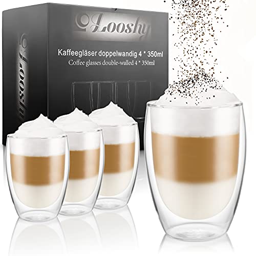 *LOOSHY QUALITÄTSSICHERE Latte Macchiato Gläser, (4×350ml), Cappuccino Tassen , Kaffeegläser , Teegläser spülmaschinenfeste doppelwandige Thermogläser aus Borosilikatglas