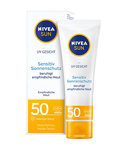 NIVEA SUN UV Gesicht Sensitiv Sonnencreme LSF 50+ (50 ml), Gesichtscreme mit LSF 50+ für empfindliche Haut, sofort wirksamer Sonnenschutz beruhigt Hautirritationen