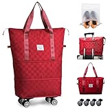 Reisetasche mit Rollen, erweiterbar, faltbar, Reisetasche, Handgepäck, Schachbrett, Wochenendtasche für Männer und Frauen, Rot + Schuhbeutel, Reisetasche