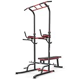 Hop-Sport Power Tower mit Klimmzugstange, Hantelbank & Dip-Station, Fitnessgerät für Zuhause, Calisthenics und Krafttraining, Freistehend, 150 kg Max. Belastbarkeit