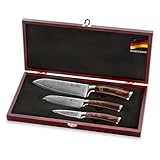 Wakoli EDIB 3er Damastmesser Set I Damast Messer mit 8,5-17cm Klingen gefertigt aus 67 Lagen Damaststahl mit VG10 Schneidkern und Pakkaholzgriff I Damast Küchenmesser Set in hölzerner Geschenkbox