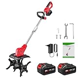 Elektrische Motorhacke, 550 W, Arbeitstiefe 22 cm, Breite 30 cm, mit klappbarem Griff und verstellbaren Rollen, 4 Klingen, mit LED-Anzeige, zum Pflügen, Umkippen, Graben (mit Akku 2 x 2,0 Ah)
