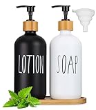 Seifenspender Küche Set,2 Stücke Shampoo Spender Soap Dispenser,Glas Seifenspender 500ml,Seifenspender für Bad,mit Trichter Tablett,Spender Soap Dispenser für Küche und Dusche,mit pumpe,Weiß,Schwarz