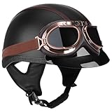 Vintage-Motorradhelm, 3/4-Jethelm Aus Leder, Vintage Halbschalen-Helm ECE GeprüFt Halbschalenhelm Mit Schutzbrille Visier, FüR Cruiser Scooter Black 2,L