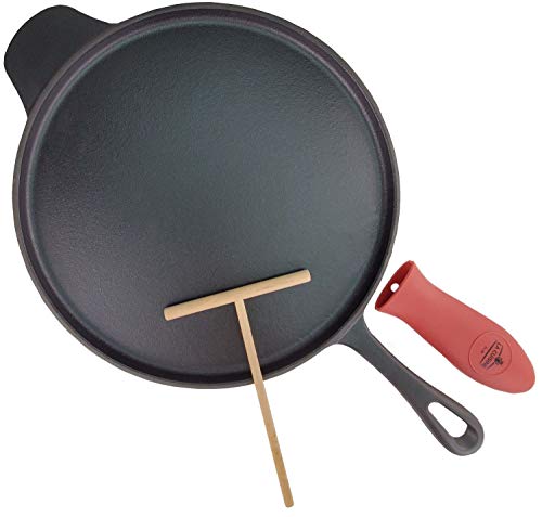 La Cuisine for life Gusseisen Crepe pfanne induktion Cast Iron Crepe Griddle Pizza Pan - 30cm Dia., Matte Black Enamel Coating. A Wood Spatula & A Silicone Handle Holder Included.