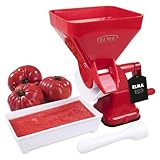 Elma Manueller Tomatenzerkleinerer, Küchensieb und Konservierungstrichter für Tomaten, Tomatenmaschine aus Kunststoff mit rotem Edelstahlfilter, Saugnapfzubeh