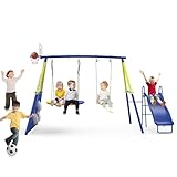 Redkid Schaukel-Sets für den Garten, Schaukel und Rutsche Set, Tragfähigkeit 440lbs 5 in 1 Outdoor-Schaukel-Set mit Rutsche, Untertasse Schaukel, Schaukel Sitz, Fußballtore und Basketballkorb