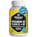 Vitamaze® Vitamin D3 K2 hochdosiert (1+ Jahre) 5000 IE Vitamin D3 + 100 mcg Vitamin K2 MK7 All Trans, 180 Tabletten Vitamin D ohne unnötige Zusatzstoffe, in Deutschland hergestellt