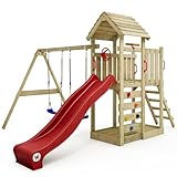 WICKEY Spielturm Klettergerüst MultiFlyer mit Holzdach, Schaukel & roter Rutsche, Outdoor Kinder Kletterturm mit Sandkasten, Leiter & Spiel-Zubehör für den Garten