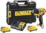 Dewalt 12 Volt Akku Bohrschrauber DCD701D2 (bürstenloser Motor, 15-Stufen Drehmomenteinstellung, 2-Gang Vollmetallgetriebe, inkl. 2x 12V 2 Ah Li-Ion Akkus, Ladegerät, Gürtelclip, T-STAK Box)