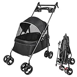 Homewell Klappbarer Haustierwagen mit Getränkehalter, Hundewagen & Katzenwagen, Leicht & Bequem mit Sicherheitsgurt, Atmungsaktiv, Stauraum, bis 20kg (Schwarz)