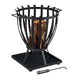 Relaxdays Feuerkorb XXL, Brennkorb rund, HBT 57 x 56 x 47,5 cm, mit Bodenplatte & Schürhaken, Feuerschale Stahl, schwarz