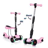 YOLEO 3-in-1 Kinder Roller Scooter mit Abnehmbarem Sitz, LED große Räder, Höheverstellbare Lenker für Kleinkinder Jungen Mädchen ab 2 Jahre(Rosa)