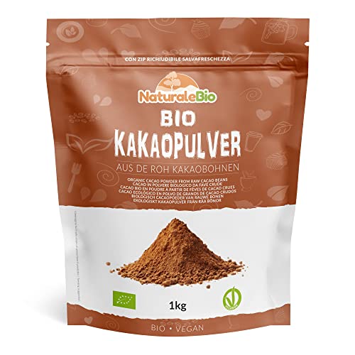Kakao Pulver Bio 1 Kg. Organic Cacao Powder. Natürlich, Rein aus de Roh Kakaobohnen. Produziert in Peru aus der Theobroma Cocoa Pflanze. Magnesium- und Phosphor-Quelle. NaturaleBio