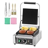 VEVOR kommerzieller Panini-Grill, 1,8 kW elektrischer Sandwich-Panini-Maker, Sandwich-Pressgrill Edelstahl, Panini-Grill mit Temperaturregelung & 23 x 23 cm großer, voll gerillter Emaille-Platte