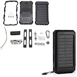 Solar Power Power Bank, 10000 MAh Tragbares Telefonladegerät Mit Kompass, Schnelllade-Powerbank Mit Dual-Taschenlampe Für Campingreisen(Schwarz + Schwarz)