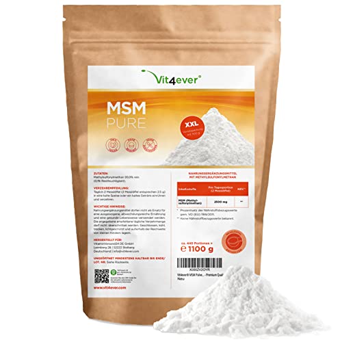 MSM Pulver - 1,1 kg (1100g) - 99,9% reines kristallines Methylsulfonylmethan - Meshfaktor 40-80 - Laborgeprüft - Organischer Schwefel - Vegan