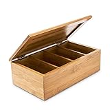 Relaxdays Teebox HBT: 9 x 28,5 x 16 cm Teekiste aus Bambus mit aufklappbarem Deckel Teedose mit 4 Fächern für circa 80 Teebeutel als Teebeutelbox und Schmuckkästchen aus Holz kein Aromaverlust, natur