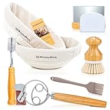 MeisterMark® Gärkörbchen 2er-Set – Rund & Oval Gärkörbe aus 100 % Rattan zum Brotbacken inkl. Brotbackzubehör: Leinentuch, Teigschaber, Schneebesen, Bäckermesser, Reinigungsbürste & Backpinsel