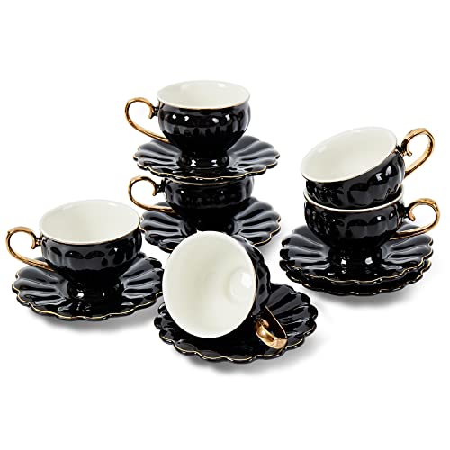 LB Espressotassen Set aus Porzellan, 12-teilig Türkische Kaffeetassen, Dickwandige Espresso-Tassen mit Untertassen, 90 ml, Schwarz