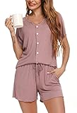 Vlazom Damen Schlafanzug Kurzarm Pyjama Set mit Knöpfe V-Ausschnitt Sleepwear Sommer Nachtwäsche(L,Stil B-Dunkelpink)