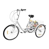 Gqouur 24 Zoll Cruiser Dreirad Weiß 6 Gänge V-Typ-Vorderradbremse Kunstledersitz Verstellbarer Lenker bis 120kg 3 Rad Erwachsene Fahrrad mit Korb und Lampe für Männer Frauen und ältere Menschen