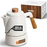 MIAMIO - Teekanne mit Stövchen Set / 1L / 1000 ml Tee Kanne mit Siebeinsatz und Deckel für losen Tee - Geschenk für Damen/Teeliebhaber (Weiß)