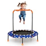 GOPLUS Ø92cm Kindertrampolin, Mini Trampolin mit LED-Lichtern, abnehmbarem Griff & Sicherheitspolster, Indoor Outdoor Gartentrampolin, Fitness Trampolin für Kinder von 3-6 Jahren (Blau)