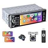 1 Din CAMECHO Autoradio mit A-pple Carplay & Android Auto, 5,1 Zoll Single Din IPS Auto Radio Touch Display mit Bluetooth Mirror Link FM AUX-in EQ USB Charging SWC+Rückfahrkamera