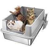 XXLEdelstahl Katzentoilette mit Deckel, Geschlossene Metalltoilette Hochwandgehege, abgedeckte extra große Katzentoiletten für große Katzen, nicht klebrig, Anti-Auslauf, einfache Reinigung (Grau)