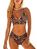 CUPSHE Damen Bikini Set V Ausschnitt Triangel Breites Unterbrustband Lace Up Mid Waist Bikini Bademode Zweiteiliger Badeanzug Swimsuit Schwarz/Blumen M
