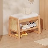 Schuhbank aus Holz mit gepolstertem Sitz und Rattanschrank für Wohnzimmer, Flur, Diele, Tür, gebrochenes Weiß, 50 cm