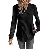 Damen-Top, lässig, locker, V-Ausschnitt, lange Ärmel, einfarbig, Tunika, modische Herbstkleidung, Schwarz , S