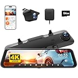WOLFBOX 12'' G850 4K Rückfahrkamera Spiegel mit 5.8GHz WiFi und Sprachsteuerung, Dual Dash Cam Spiegel Auto Vorne und Hinten, Super Nachtsicht, Parküberwachung, Einschließlich 64 GB-Karte & GPS