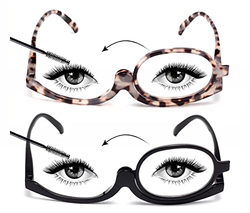 Amorays 2er-Pack Make up Brille für Damen Einzellinse Rotierende Make up Lesebrille 3660NEW, Schwarz+Schildkröte, +2.00