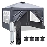 LEADZM Pavillon 3x3m,Pop-up Faltpavillon,Belüftetes,Stabil,Wasserdicht,Winddicht,Höhenverstellbar,Entlüftung,UV Schutz 50+,Gartenzelt,Partyzelt,Camping,mit 4 Seitenteilen und 4 Sandsäcke,Dunkelgrau