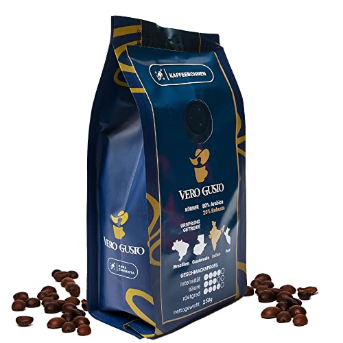 Caveres - Vero Gusto Kaffeebohnen I Premium Bohnenkaffee Mischung I 80% Arabica aus Brasilien, Guatemala, Peru I 20% Robusta aus Indien I Ganze Bohnen (250 g)