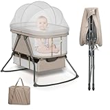 XJD Baby Beistellbett, 2 in 1 Babybett klappbar, Stubenwagen mit Aufbewahrungskorb, Reisebett mit weich Matratze, Transporttasche, Moskitonetz, Babywiege für 0-6 Monate, von Geburt bis 10 kg, Khaki