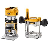 Dewalt 18 Volt Akku-Kombifräse DCW604NT (einsetzbar als Ober-oder Kantenfräse, bürstenloser Motor, 6-8 mm Werkzeugaufnahme, max. Fräs-ø: 36 mm, Fräskorbhub: 55 mm, Lieferung ohne Akku u. Ladegerät)