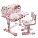 RRXIMHTT Kinder-Funktions-Schreibtisch-Stuhl-Set, höhenverstellbarer Kinder-Schul-Schreibtisch mit Burglehne, erweitertem Schreibtisch, Buchständer und Speicherschublade (PINK-E)